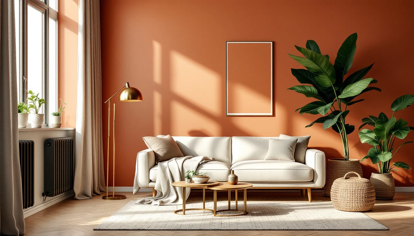 A bright stylish living room with a terracotta accent wall.